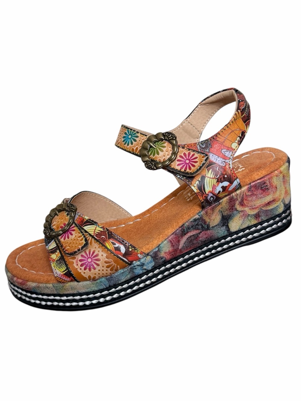 L’Artiste by Spring Step Flavour Hand Painted Leather Platform Wedge Sandals EUC